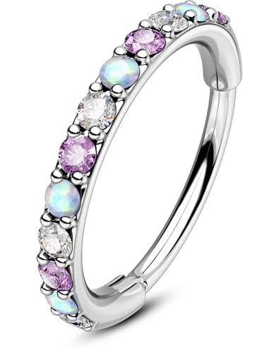 OUFER Opal and CZ 20G Nose Rings Hoops, 316L Surgical Steel Hinged Segment Nose Piercing Jewelry, Septum Lip Eyebrow Rings Cartilage Conch Rook Helix Tragus Daith Earrings For Women and Men-6/7/8MM - color: Purple CZ