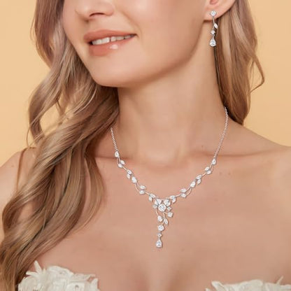 Crysdue Women's Wedding Bridal Jewelry Set for Brides Bridesmaids Cubic Zirconia Flower Leaf Vine Necklace Dangle Earrings for Prom Party - style: 36-silver