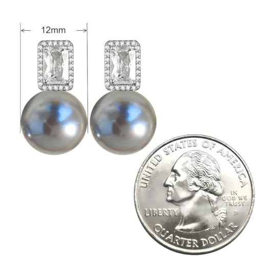 Faux Pearl Cubic Zirconia Stud Earrings, Hypoallergenic Lightweight Round Pearl Studs for Women - color: Blueish Silver, size: Pearl 12mm-CZ 4*8mm