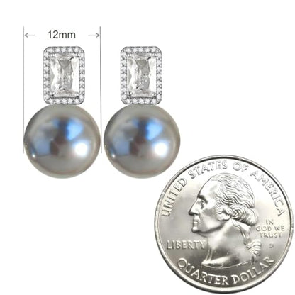 Faux Pearl Cubic Zirconia Stud Earrings, Hypoallergenic Lightweight Round Pearl Studs for Women - color: Blueish Silver, size: Pearl 12mm-CZ 4*8mm