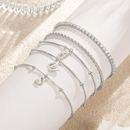 Gold Bracelets for Women Girls - Dainty Gold/Silver Bracelet Stack Jewelry Set Personalized Initial Bracelets Cute Stackable Rope Box Chain Tennis Bracelets Gifts for Women Teen Girl Gifts - color: M-Silver
