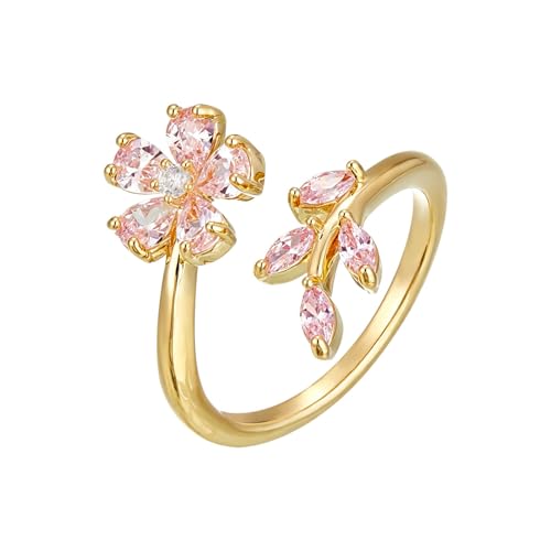 Ladies' Alloy Flower Leaf Open Ring, Silver Tone with Crystal Accents, Adjustable - color: Golden Pink
