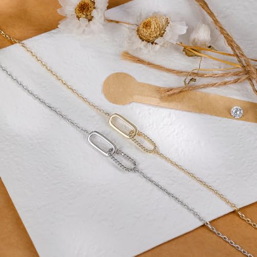 Dainty Lucky Four Leaf Clover Bracelets for Women, Trendy 14K Gold Plated Hypoallergeni Cubic Zirconia Bracelets Cute Paperclip Interlocking Adjustable Chain - color: Silver Paperclip Bracelet