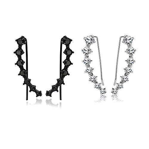 2Pairs Set Black Clear 7 Crystal CZ Ear Cuff Wrap Crawler Climber Earrings for Women Cubic Zirconia Fashion Diamond Huggie Jackets Hypoallergenic