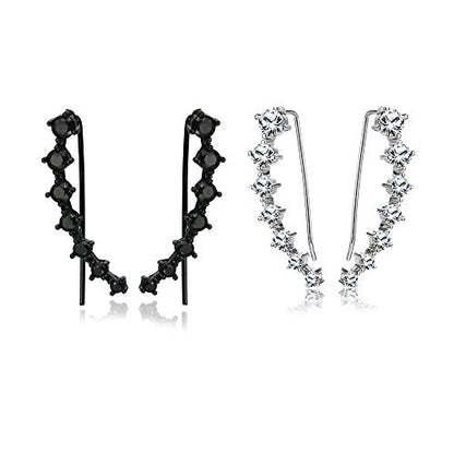 2Pairs Set Black Clear 7 Crystal CZ Ear Cuff Wrap Crawler Climber Earrings for Women Cubic Zirconia Fashion Diamond Huggie Jackets Hypoallergenic