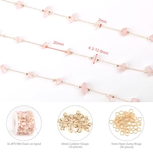 KYUNHOO 16.4FT Light Pink Natural Gemstone Jewelry Making Chain Supplies | Gold Plated Brass Chains Bulk Stone Link Chain Roll witj Clasps for Crafts DIY Jewelry Findings - color: Natural Stone-Light Pink