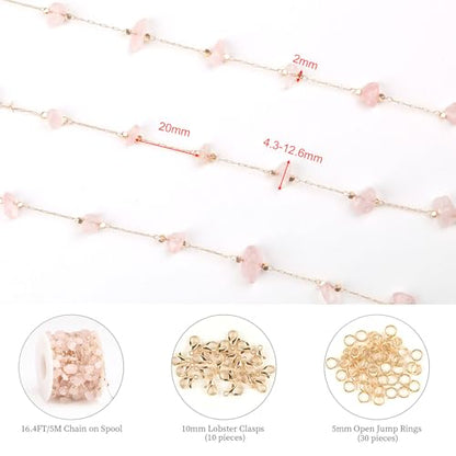KYUNHOO 16.4FT Light Pink Natural Gemstone Jewelry Making Chain Supplies | Gold Plated Brass Chains Bulk Stone Link Chain Roll witj Clasps for Crafts DIY Jewelry Findings - color: Natural Stone-Light Pink