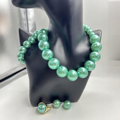 White Faux Pearl Necklace and Earrings Set Big Large Pearl Bead Ball Beaded Choker Necklace Black Pink Pearls Statement Bracelet Ring for Women - color: blue
