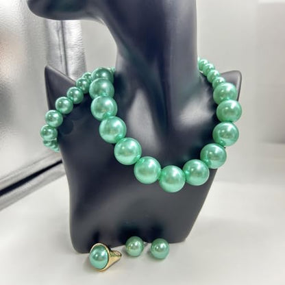 White Faux Pearl Necklace and Earrings Set Big Large Pearl Bead Ball Beaded Choker Necklace Black Pink Pearls Statement Bracelet Ring for Women - color: blue