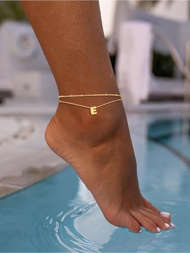 FOCALOOK Initial Anklet Bracelet for Women, 14K Gold Plated Anklets Layer Letter Ankle Chain Non Tarnish, 8.5"+2" Adjustable Large Ankle Summer Beach Foot Jewelry - color: Gold-E