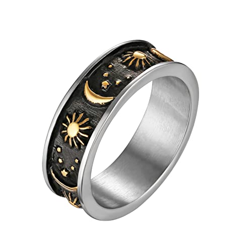 HZMAN 8mm Moon Star Sun Statement Ring Stainless Steel Boho Jewelry for Women Men - color: Silver & Gold