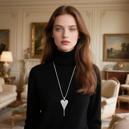 Long Heart Necklaces for Women 14K Gold-Silver Plated Trendy Brushed Chunky Pendant Layered Y Necklace Jewelry for Women With Gifts Box - color: SILVER