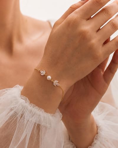 Gold Bracelets for Women Pearl Bracelet 14k Gold/White Gold Plated | Dainty Cubic Zirconia CZ Accented, Bridesmaid Jewelry, Prom Bracelet, Wedding Bracelets for Brides - color: gold-leaf