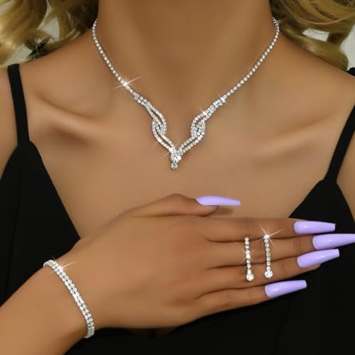 Prom Earrings Necklace Bracelet Set Elegant Crystal Rhinestone Necklace Earrings Bracelet Bridal Wedding Prom Dresses Costume Outfit Gold Jewelry Sets for Women - color: G