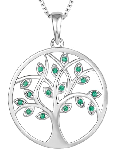 YL 925 Sterling Silver Tree of Life Necklace for Women Round Tree Pendant Birthstone Jewelry for Mom - color: 05-emerald-May
