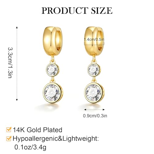 Gold Dangle Earrings for Women 14K Gold Plated Chunky Huggie Hoops Drop Earring Trendy Cubic Zirconia Diamond Crystal Round Teardrop Heart Charm Hypoallergenic Statement Jewelry Gifts - color: gold