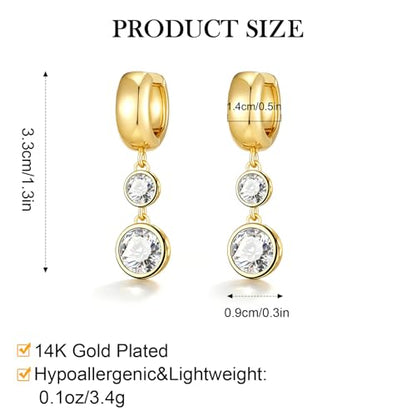 Gold Dangle Earrings for Women 14K Gold Plated Chunky Huggie Hoops Drop Earring Trendy Cubic Zirconia Diamond Crystal Round Teardrop Heart Charm Hypoallergenic Statement Jewelry Gifts - color: gold