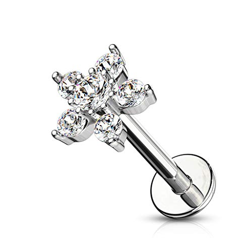 Forbidden Body Jewelry 16g 6-8mm Internally Threaded Surgical Steel Cartilage/Tragus/Labret/Monroe Stud w/Double Tier Floral Top - style: Clear