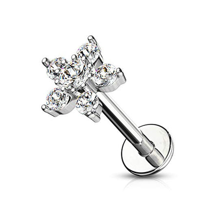 Forbidden Body Jewelry 16g 6-8mm Internally Threaded Surgical Steel Cartilage/Tragus/Labret/Monroe Stud w/Double Tier Floral Top - style: Clear