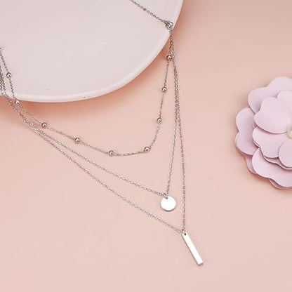 Layered Necklace Pendant Handmade Dainty Choker Bar Layering Long Necklace for Women(Silver) - color: Silver