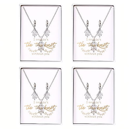 DHQH Bridesmaid Necklace Earrings Set Gifts I Couldn't Say I DO Without You Cubic Zirconia Leaf Pendant Necklace Bridesmaid Proposal Gift Set of 4 6 - color: white leaf -4