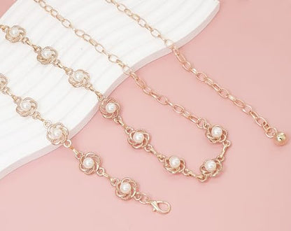 Women's Waist Chain Flower Metal Belt for Dresses Jeans | Adjustable Belly Waist Chain - color: Pearl Flower Gold, size: S: 105cm/41in