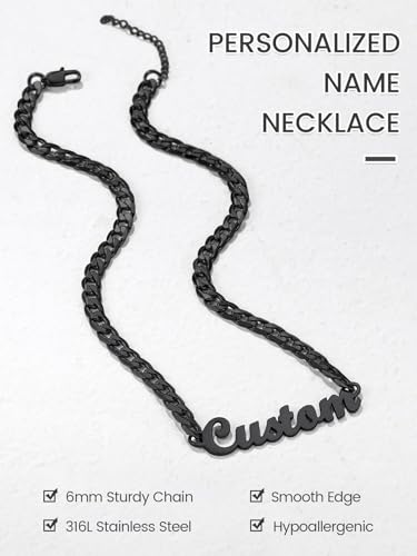 GoldChic JEWELRY Name Necklace Personalized for Men, Womens Custom Name Plate Chain, Stainless Steel Customized Old English Nameplate Choker with Curb Chains Custom, 16 inches to 30 inches - color: Cuban Chain 6 mm -Black