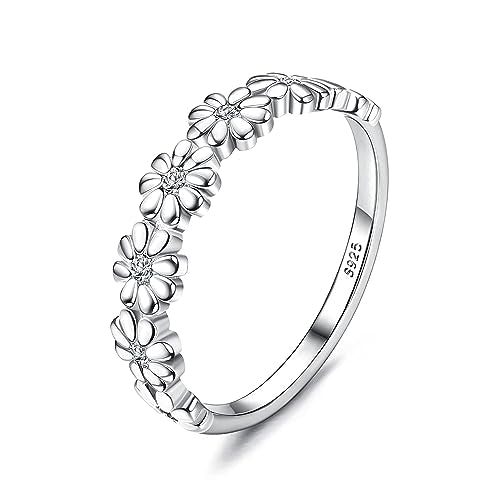 MILACOLATO 925 Sterling Silver Rings for Women Dainty CZ Daisy Flower Ring | 18K White Gold Plated Daisy Promise Ring for Her, Cute Sunflower Wedding Band Statement Engagement Ring, Mothers Jewelry Gift - color: 18K White Gold Plated Daisy Ring - Clear CZ