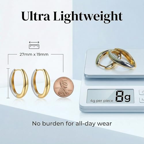 Trendy Two Tone Gold and Silver Oval Hoop Earrings, 14K Gold Plated | 925 Sterling Silver Post, Twisted Oval Design, Lightweight Small Chunky Huggie Hoops, Statement Jewelry Gift for Women