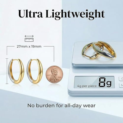 Trendy Two Tone Gold and Silver Oval Hoop Earrings, 14K Gold Plated | 925 Sterling Silver Post, Twisted Oval Design, Lightweight Small Chunky Huggie Hoops, Statement Jewelry Gift for Women