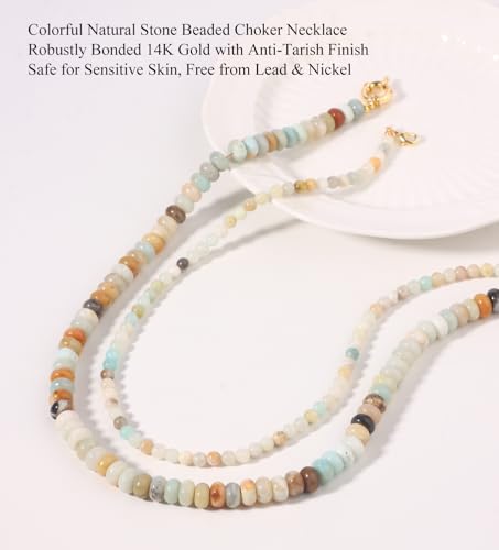 CASDAN 2Pcs Natural Gemstone Beaded Choker Necklaces for Women | Boho Colorful Beads Choker,Natural Stone Surfer Beach Necklaces,Handmade Summer Jewelry,Charm Trendy Necklaces - color: Earth Color