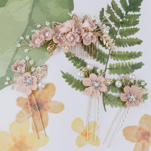BOYIVI 4 Pieces Bridal Floral Hair Comb and Pins, Pink Alloy with Rhinestones, Plump Smooth Pearl and Fake Petal Wedding Hair Accessories for Brides, Bridesmaids, Women, Girls - color: Pink