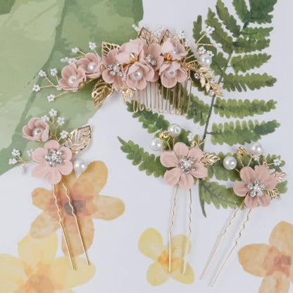 BOYIVI 4 Pieces Bridal Floral Hair Comb and Pins, Pink Alloy with Rhinestones, Plump Smooth Pearl and Fake Petal Wedding Hair Accessories for Brides, Bridesmaids, Women, Girls - color: Pink