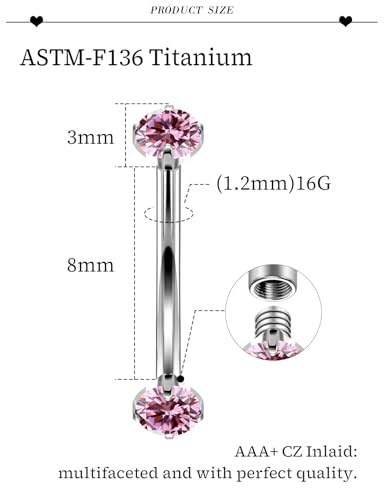 16G Astm F136 Titanium Eyebrow Piercing Jewelry Curved Barbell Eyebrow Ring Vertical Labret Lip Jewelry Daith Rook Earrings Navel Small Belly Button Ring Piercing Jewelry for Women Men CZ - style: 16G, 8MM Length, Pink CZ