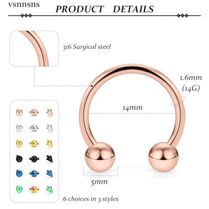12G & 16G Septum Rings - Surgical Steel Septum Piercing Jewelry Horseshoe & Snake Bite Rings, Daith Rook Earrings for Women & Men - color: 14G 14MM