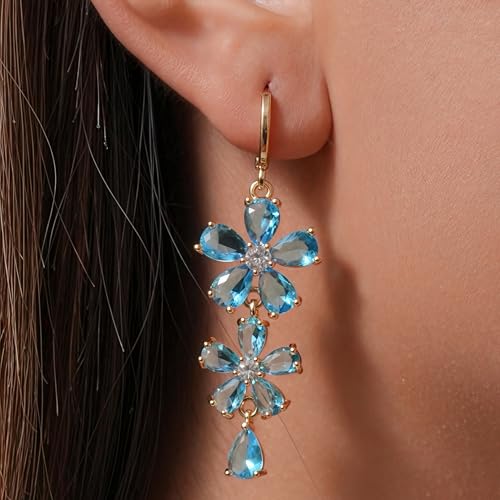 18K Gold Plated Flower Dangle Earrings for Women, Hypoallergenic Cubic Zirconia Earrings, Elegant CZ Drop Earrings, Statement Jewelry Gifts Party Fashion - style: Flower-Blue