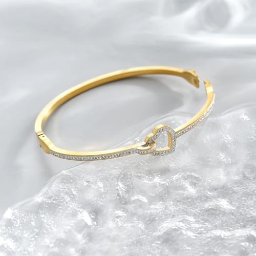 Gold Bangle for Women 18K Gold Plated Bamboo Heart Star Labyrinth Bangle Bracelets Dainty Stainless Steel Jewelry Gifts - color: Love Bangle-Gold