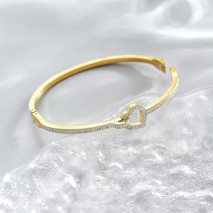 Gold Bangle for Women 18K Gold Plated Bamboo Heart Star Labyrinth Bangle Bracelets Dainty Stainless Steel Jewelry Gifts - color: Love Bangle-Gold