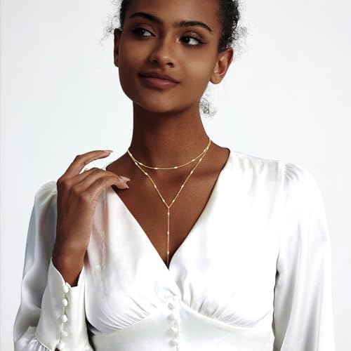 Zeffy Lariat Gold Necklace for Women, Dainty Long Necklace 14k Gold/Silver Plated Layered CZ Beaded Bar Chain Y-Shaped Body Chain Stack Drop Wedding Necklace Trendy Simple Gold Jewelry Gifts - color: Gold Bar Y Necklace(1PCS）