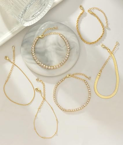 Gold Bracelets for Women 14K Gold Plated Stack Trend Bracelets Charm Paperclip Chain Cuban Link Layered Waterproof Bracelet Dainty Bracelet for Women Jewelry Gifts - color: 6Pcs Gold