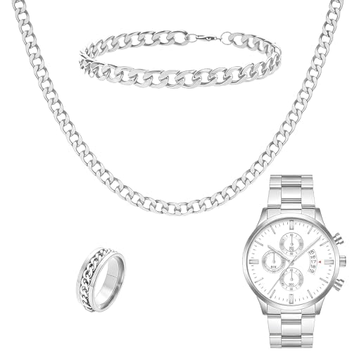 NEWITIN 4 Pieces Black Jewelry Set for Men Stainless Steel Watch Necklace Bracelet Ring Fashion Black Wristwatch Cuban Link Chain Cuban Jewelry Set for Men - color: Silver