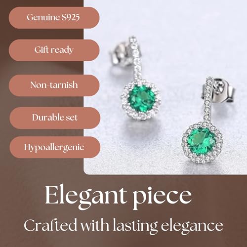 925 Sterling Silver Wedding Jewelry Set for Women - Sapphire Tone Gemstone Pendant Necklace and Stud Earrings with Cubic Zirconia Halo Design - Premium Rhodium Plated Finish - color: Green