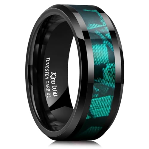 King Will Tungsten Wedding Band Wood Inlay for Men Black Beveled Edge | Black, 8mm, Beveled Edge, Comfort Fit, Wood inlay, Promise Gift - color: Black-Green
