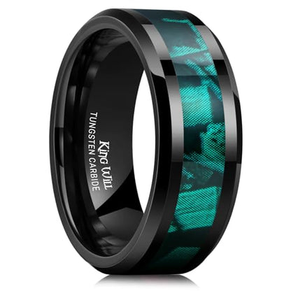 King Will Tungsten Wedding Band Wood Inlay for Men Black Beveled Edge | Black, 8mm, Beveled Edge, Comfort Fit, Wood inlay, Promise Gift - color: Black-Green