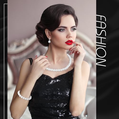 3 Pcs Pearl Jewelry Set Faux Pearl Clip on Earring Necklace Bracelet for Women Bridesmaid Birthday Wedding Gift - color: White, size: 12 mm