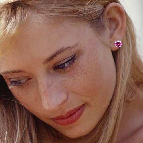 Titanium Flat Back Surgical Stainless Steel Stud Earrings for Women Men,Birthstone Stud Earrings Hypoallergenic Double Side 5A Cubic Zirconia Studs Jewelry 6mm - color: Silvery-Rose Red CZ