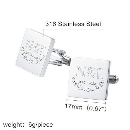 Classic Stainless Steel Cufflinks for Men Personalized Initial/Date/Photo Silver Mens Cufflinks Gift for Husband Groomsmen Groom Father of the Bride - color: Square (Initials & Date)