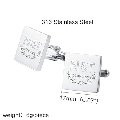 Classic Stainless Steel Cufflinks for Men Personalized Initial/Date/Photo Silver Mens Cufflinks Gift for Husband Groomsmen Groom Father of the Bride - color: Square (Initials & Date)