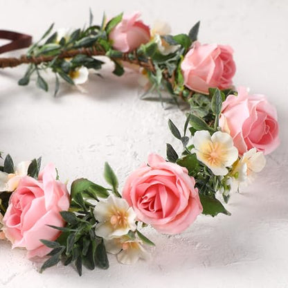 Fairy Pink Flower Crown Headband, Rose Floral Headpiece | Adjustable, Fairy Flower Crown, Women Girls, Renaissance Birthday Wedding Party Photo Props - color: Pink Rose