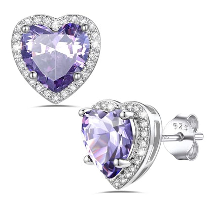 Bestyle Authentic 925 Sterling Silver 2 Carat Birthstone Earrings for Women, More Sparkle Heart/Round Solitaire Diamond Studs Earrings, Great Birthday/Christmas/Anniversary Jewelry for Wife Mother - color: 06. June Alexandrite-Heart